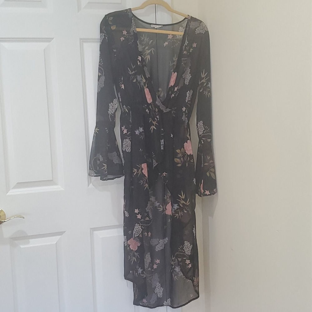 High low black bell bottom sleeves  floral sheer